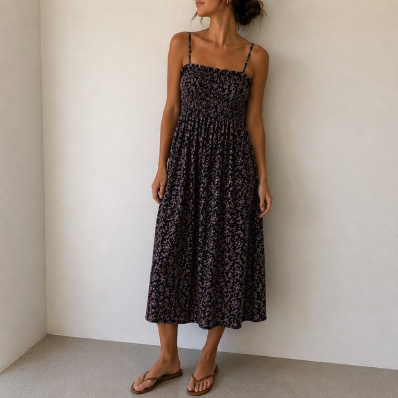 SHEIN Dresses & Skirts - Shein Black Floral Midi Dress Smocked Back Tie Front 1XL Cottagecore Boho